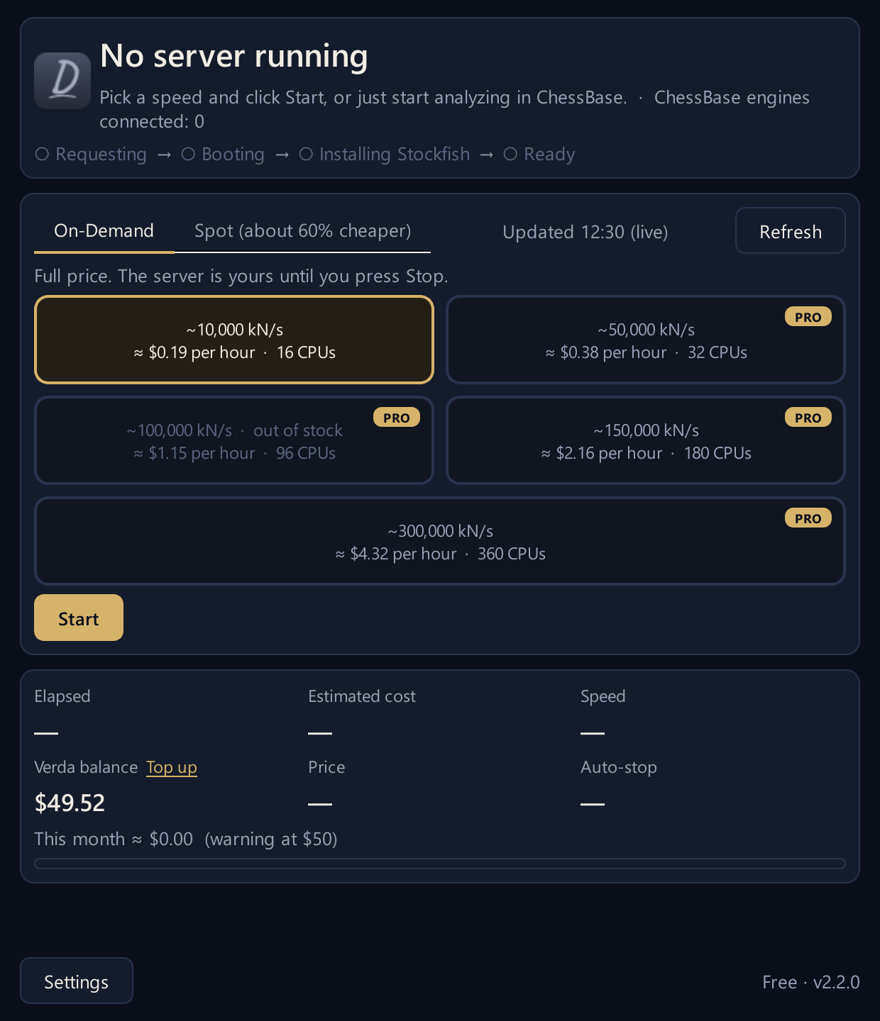 Deepline on the Free plan: the ~10,000 kN/s speed is available; the faster speeds carry a gold PRO badge
