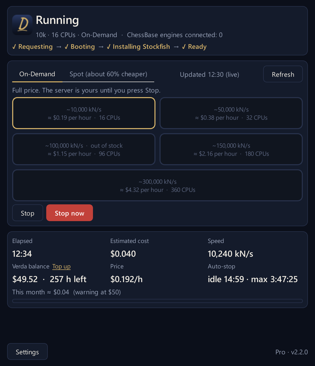 Deepline while a server runs: elapsed time, estimated cost, speed, Verda balance with a Top up link, Stop and Stop now
