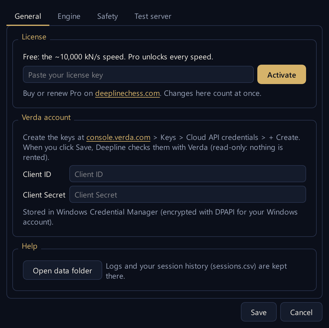 Deepline Settings: the License box and the Verda account box with Client ID and Client Secret