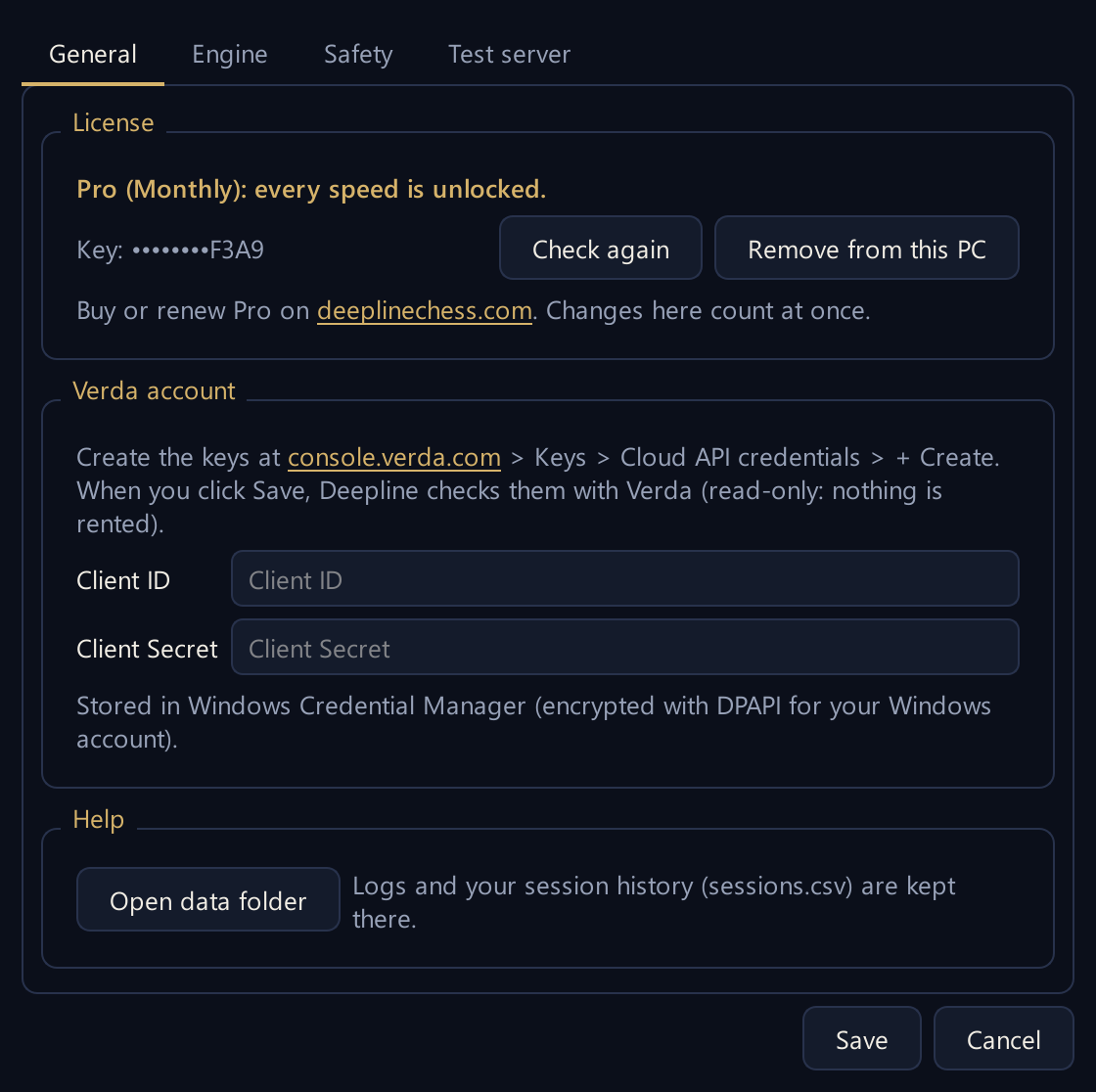 The License box showing Pro (Monthly): every speed is unlocked, with Check again and Remove from this PC