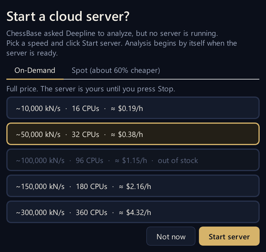 The Start a cloud server window with On-Demand and Spot tabs and one row per speed